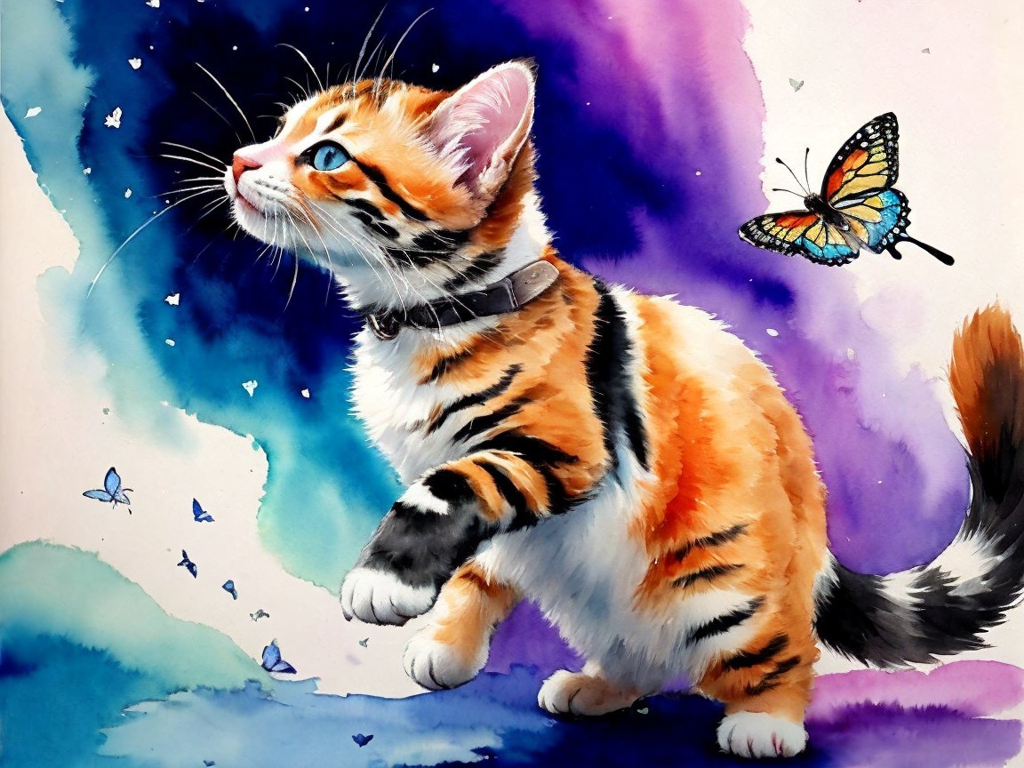 Vibrant Watercolor of Playful Striped Kitten