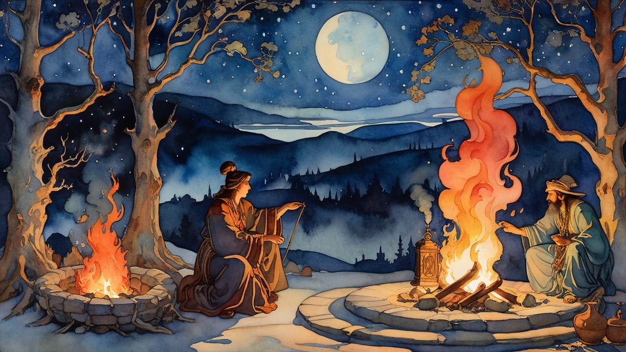 Figures by Campfires Under a Starry Night Sky
