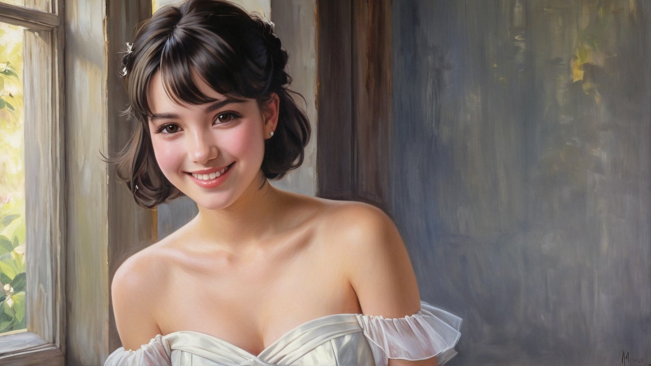 Young Woman in Elegant Dress by Sunlit Window