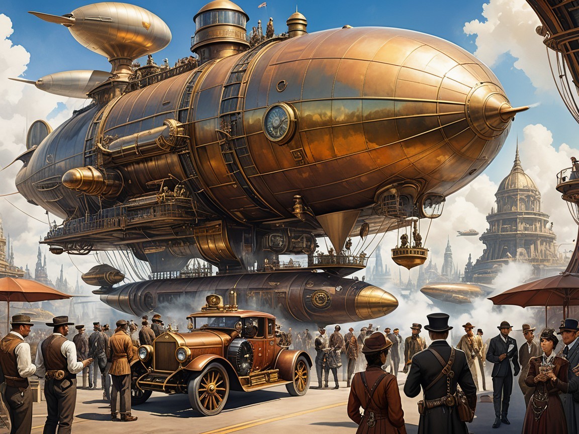 Steampunk Cityscape with Airship and Vintage Automobiles