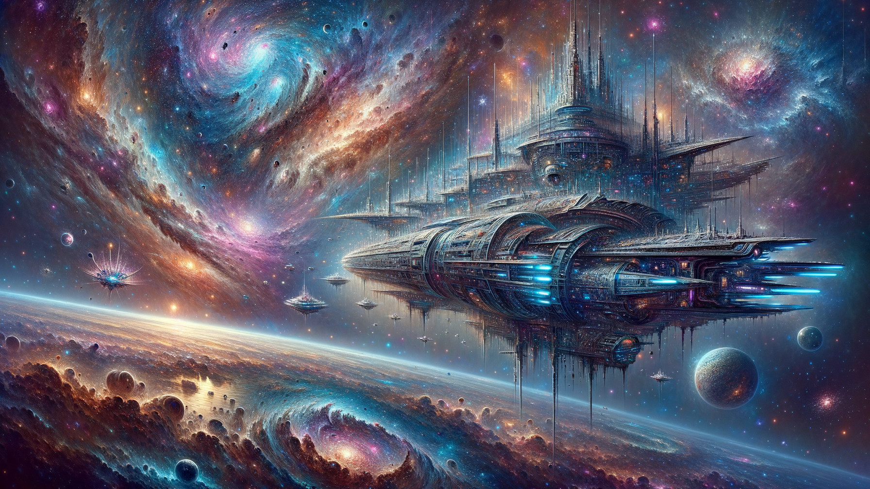 Futuristic spaceship in vibrant cosmic landscape