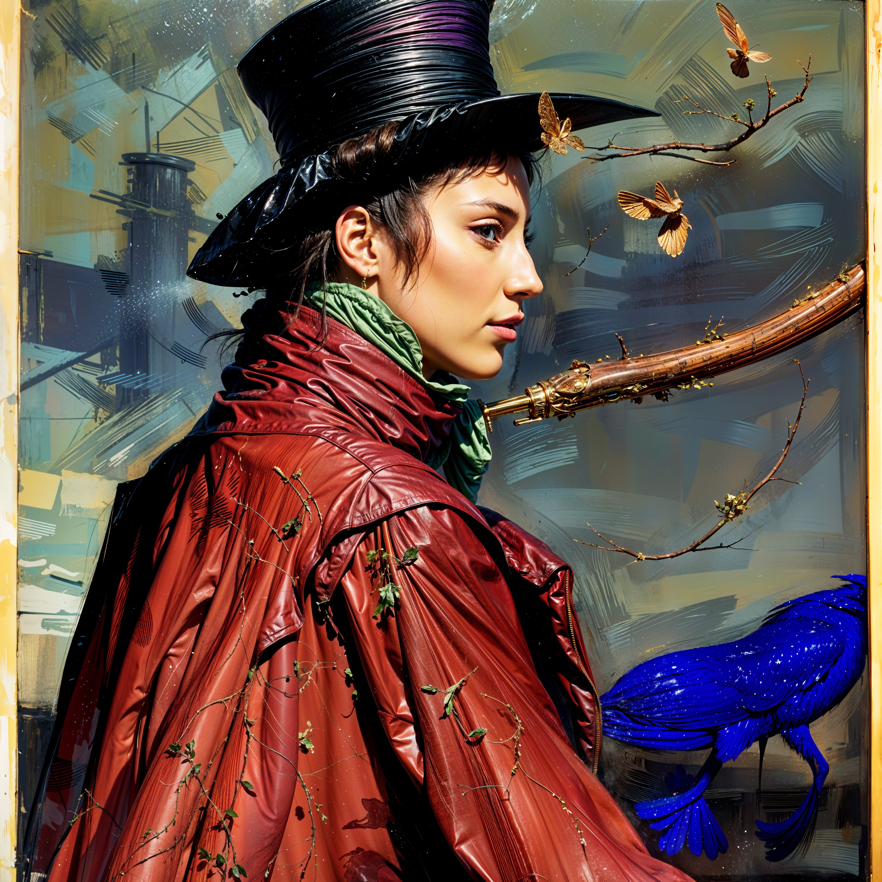 Elegant Woman in Tall Hat with Whimsical Background