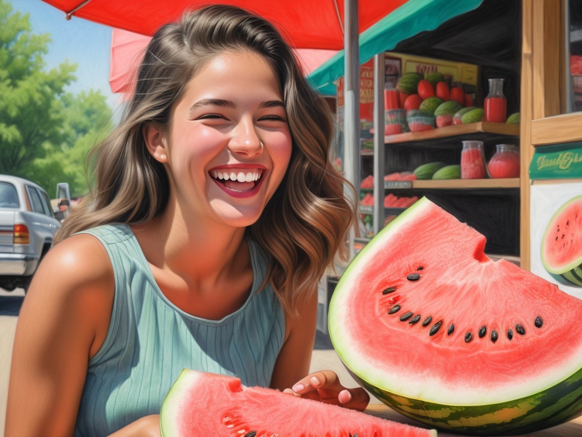 Young woman enjoying watermelon at a fruit stand