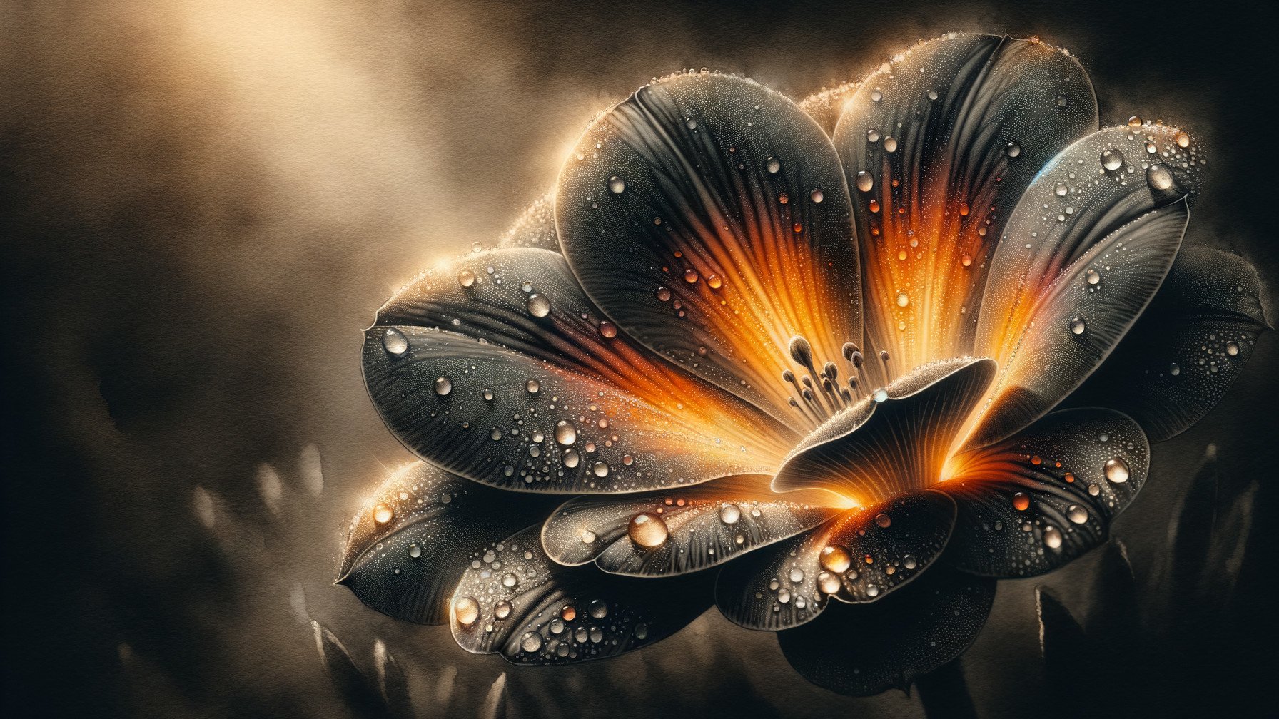 Glossy Flower with Deep Petals and Water Droplets