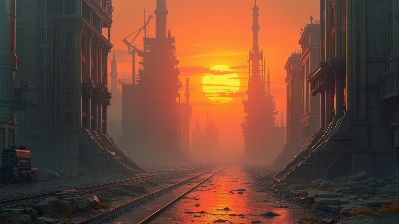 Futuristic Industrial Landscape at Sunset with Smokestacks