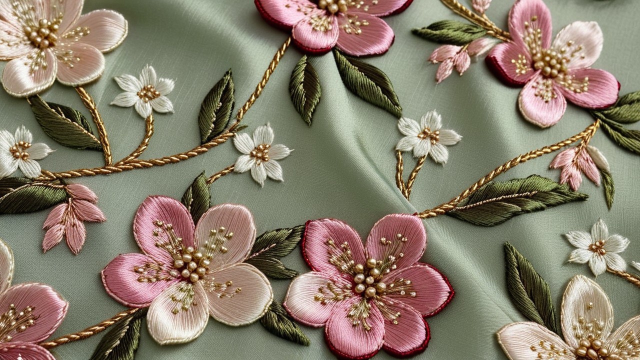 Delicate Fabric with Floral Embroidery and Golden Threads