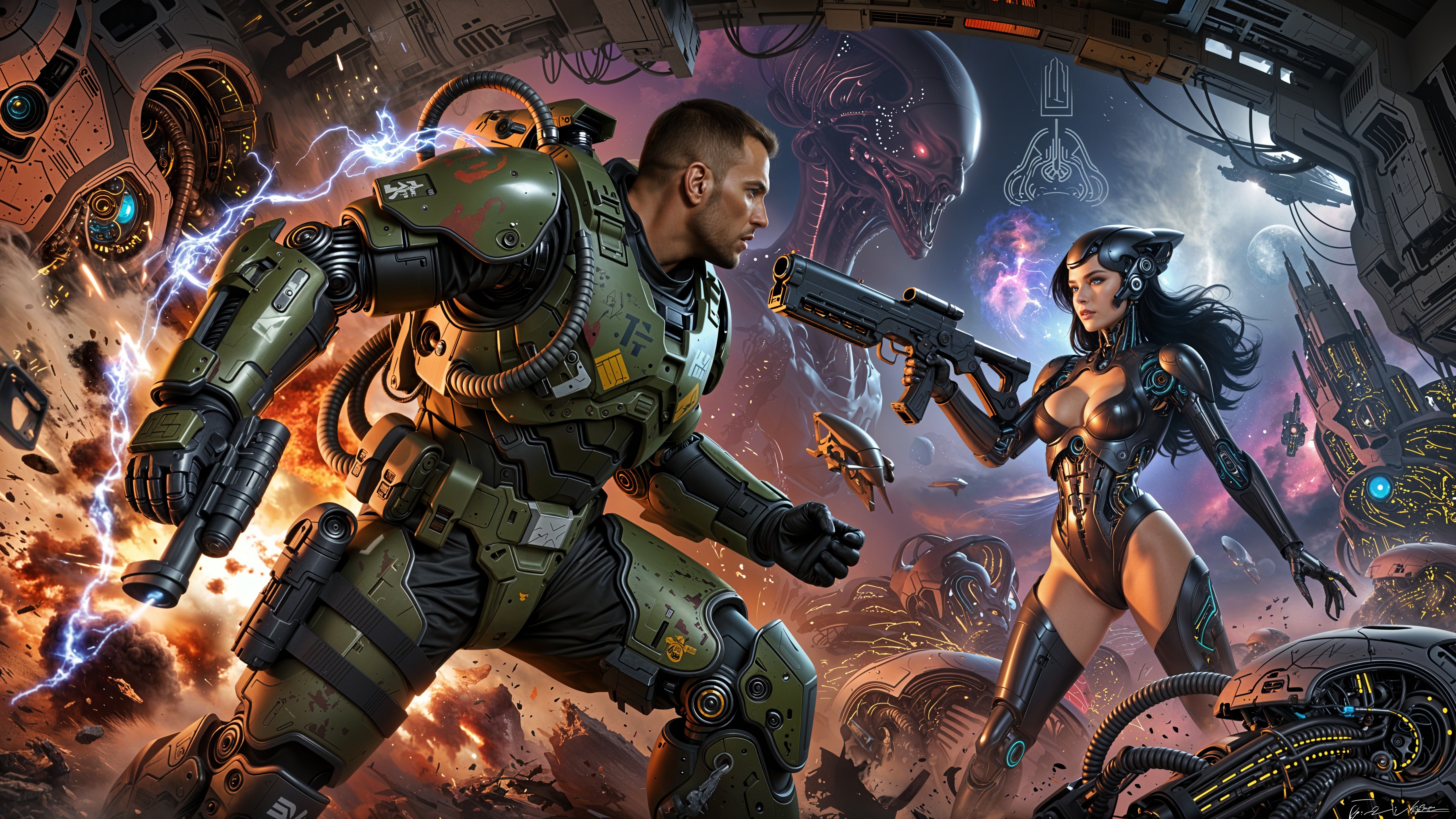 Digital Painting of Space Marines Battling on Alien Planet