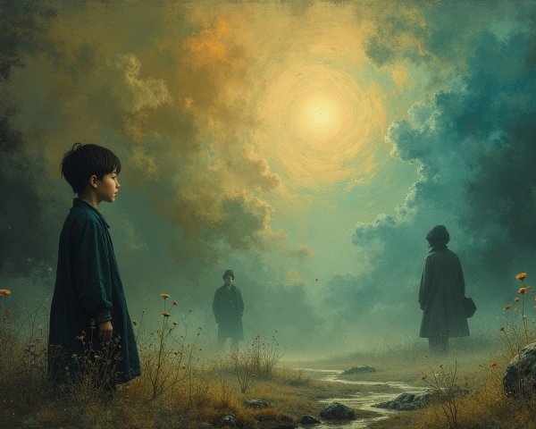 Dreamlike Landscape with Boy and Shadowy Figures
