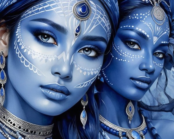 Ethereal Figures in Blue with Intricate Patterns and Jewelry