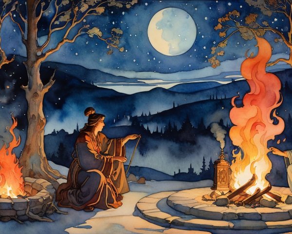 Figures by Campfires Under a Starry Night Sky