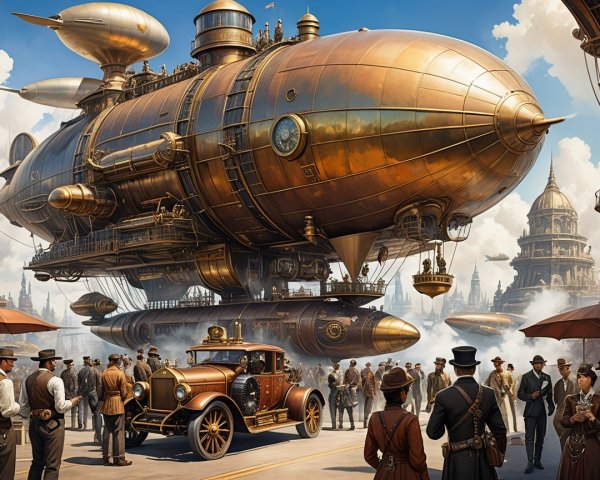 Steampunk Cityscape with Airship and Vintage Automobiles