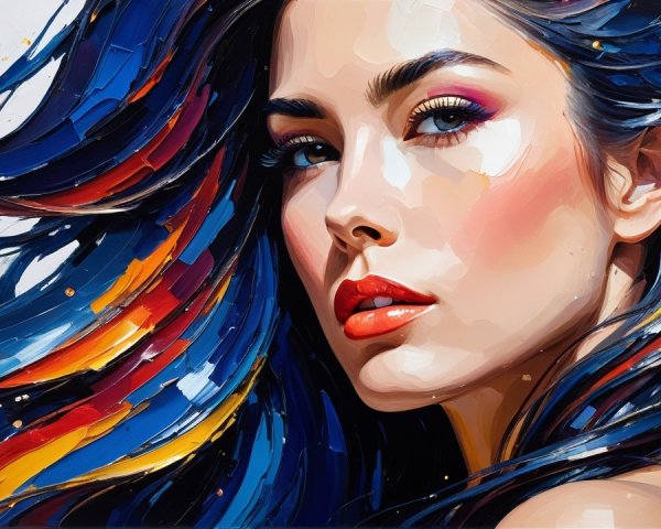A vibrant portrait of a woman with colorful features