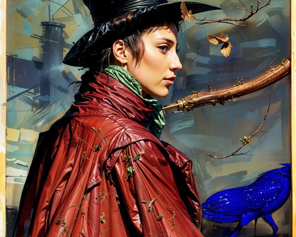 Elegant Woman in Tall Hat with Whimsical Background