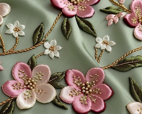Delicate Fabric with Floral Embroidery and Golden Threads