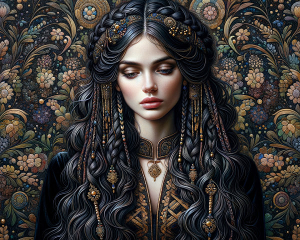 Woman with Braided Hair in Floral Background