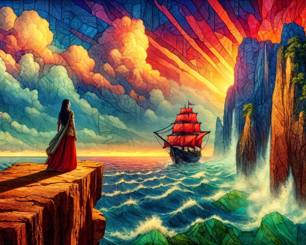 Woman in Red Dress Overlooking Sunset and Ocean Scene