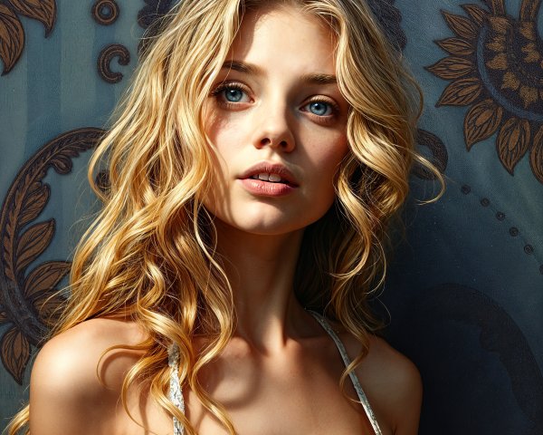 Young woman with blonde hair in floral camisole backdrop