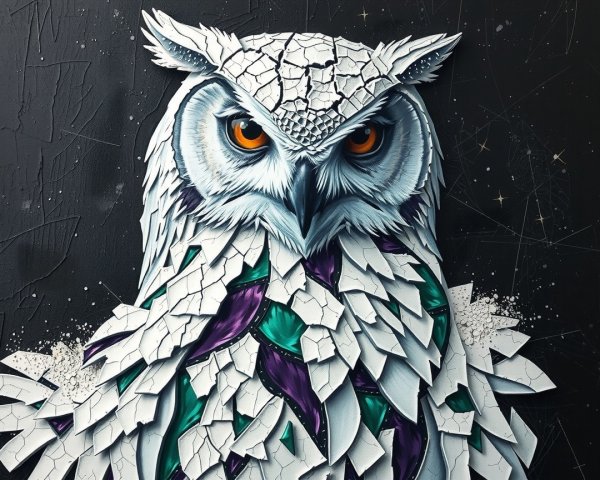 Majestic Owl Artwork with Fragmented Feathers and Depth