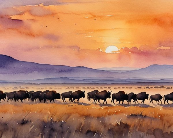 Watercolor Painting of Bison on Golden Grassland