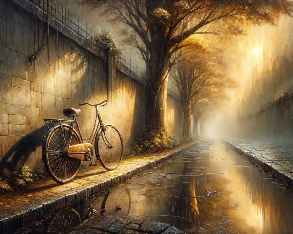 Vintage bicycle by stone wall in autumn scenery