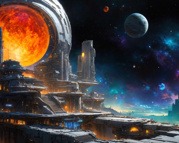 Futuristic Cityscape Under a Glowing Orange Sun
