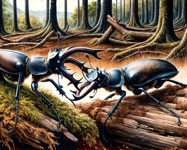 Stag Beetles Battling on a Moss-Covered Log
