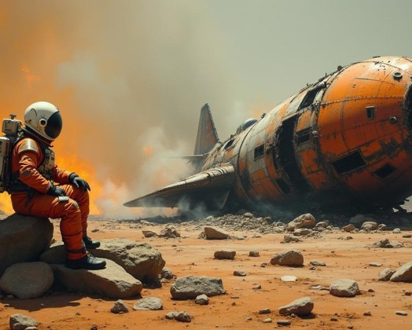 Astronaut Observing Wreckage on Martian Landscape