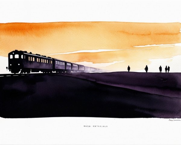 Watercolor Painting of Train Silhouette at Sunset