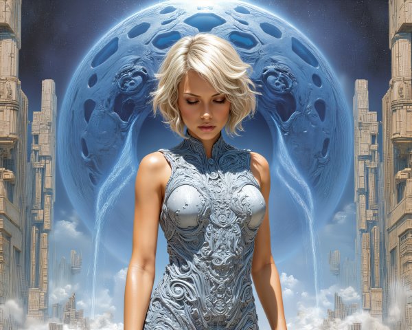 Futuristic Scene with Woman in Intricate Bodysuit