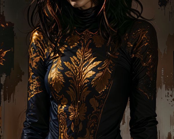 Young woman in gold-patterned bodysuit with autumn leaves