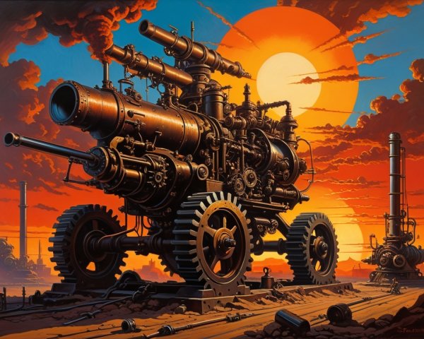 Steam-Powered Machine Against Sunset Sky