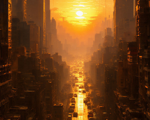 Urban Landscape at Sunset with Skyscrapers and Traffic