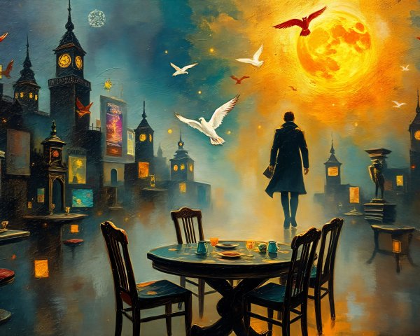 Surreal Cityscape with Moon and Floating Figure