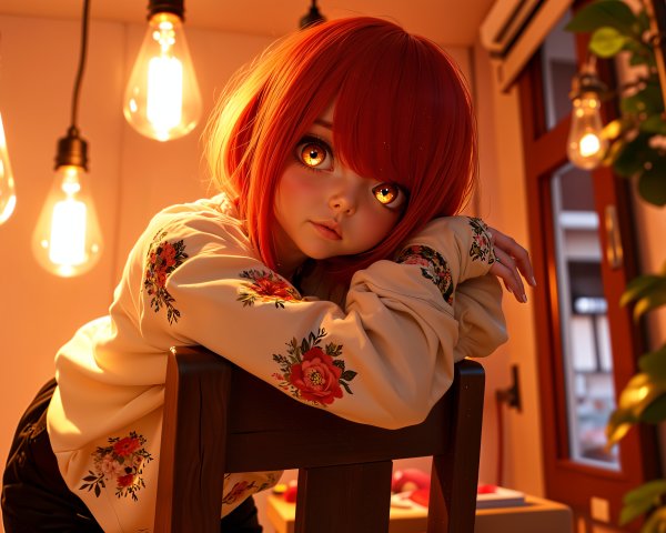 Young character with red hair in cozy setting