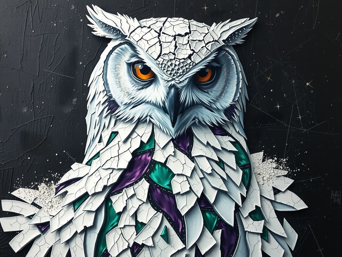 Majestic Owl Artwork with Fragmented Feathers and Depth