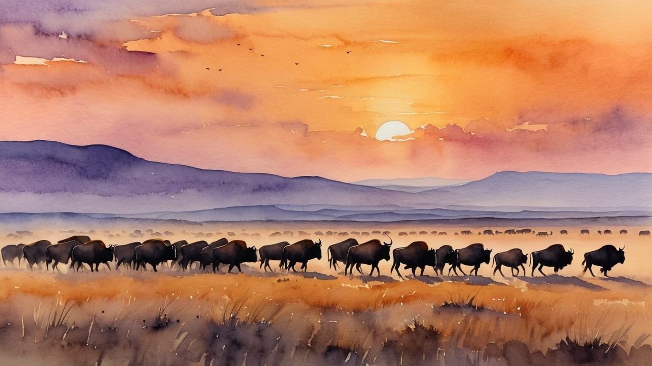 Watercolor Painting of Bison on Golden Grassland