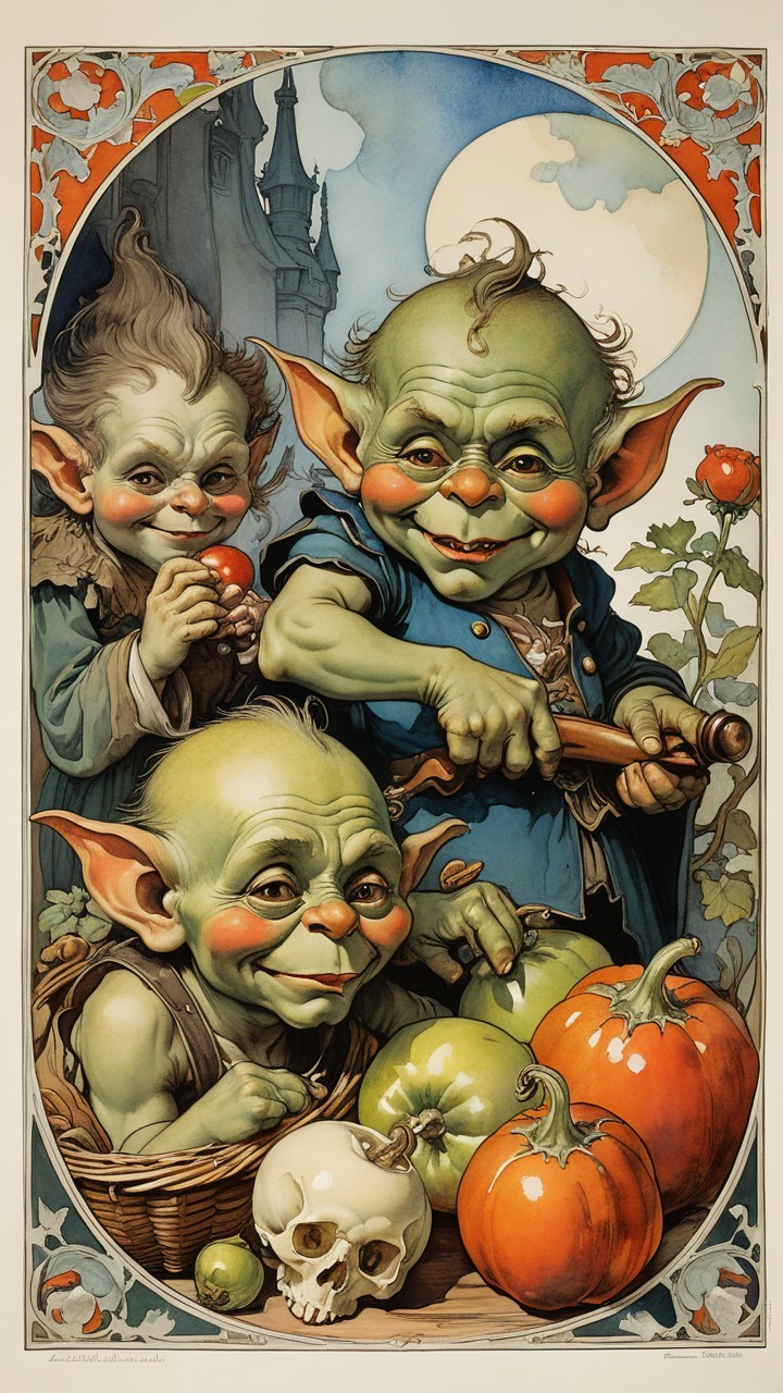 Whimsical Illustration of Cheerful Goblins with Vegetables