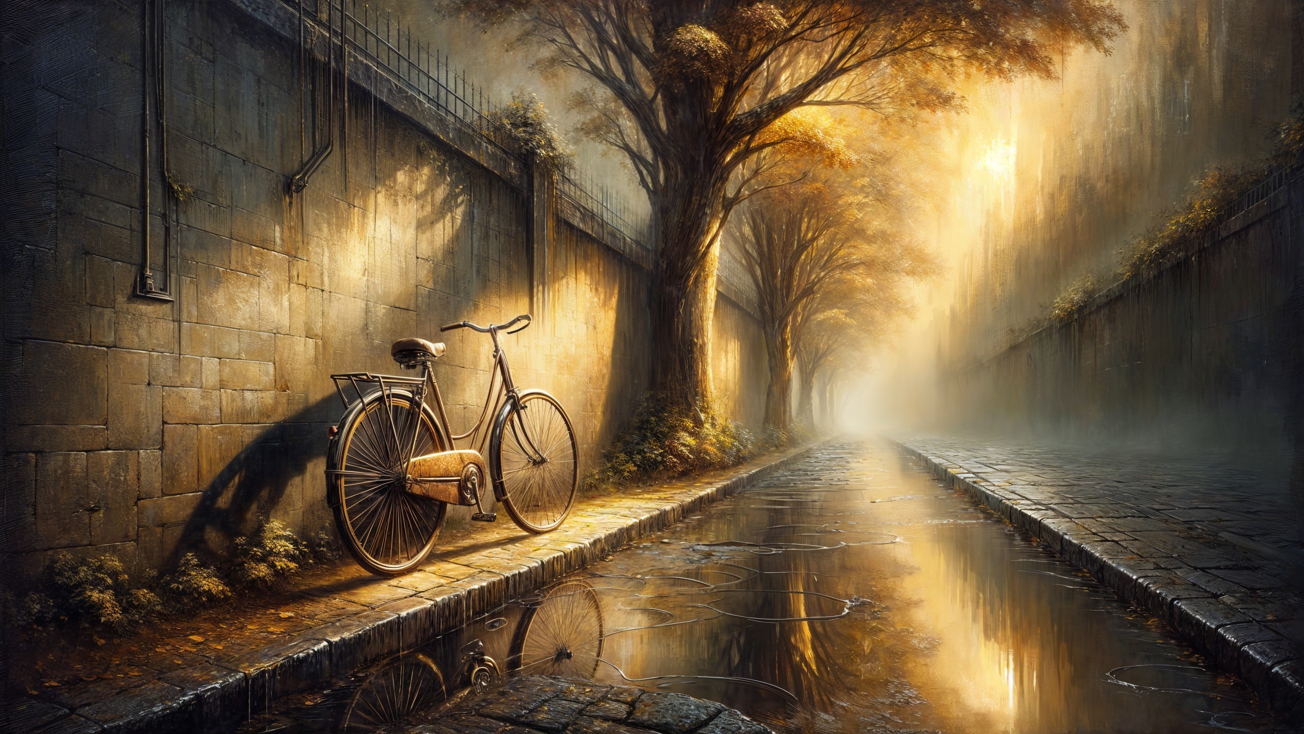 Vintage bicycle by stone wall in autumn scenery