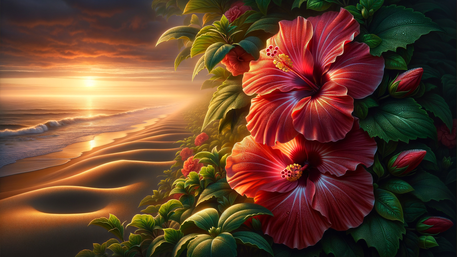 Vibrant Red Hibiscus Flowers at Sunset Beach Scene