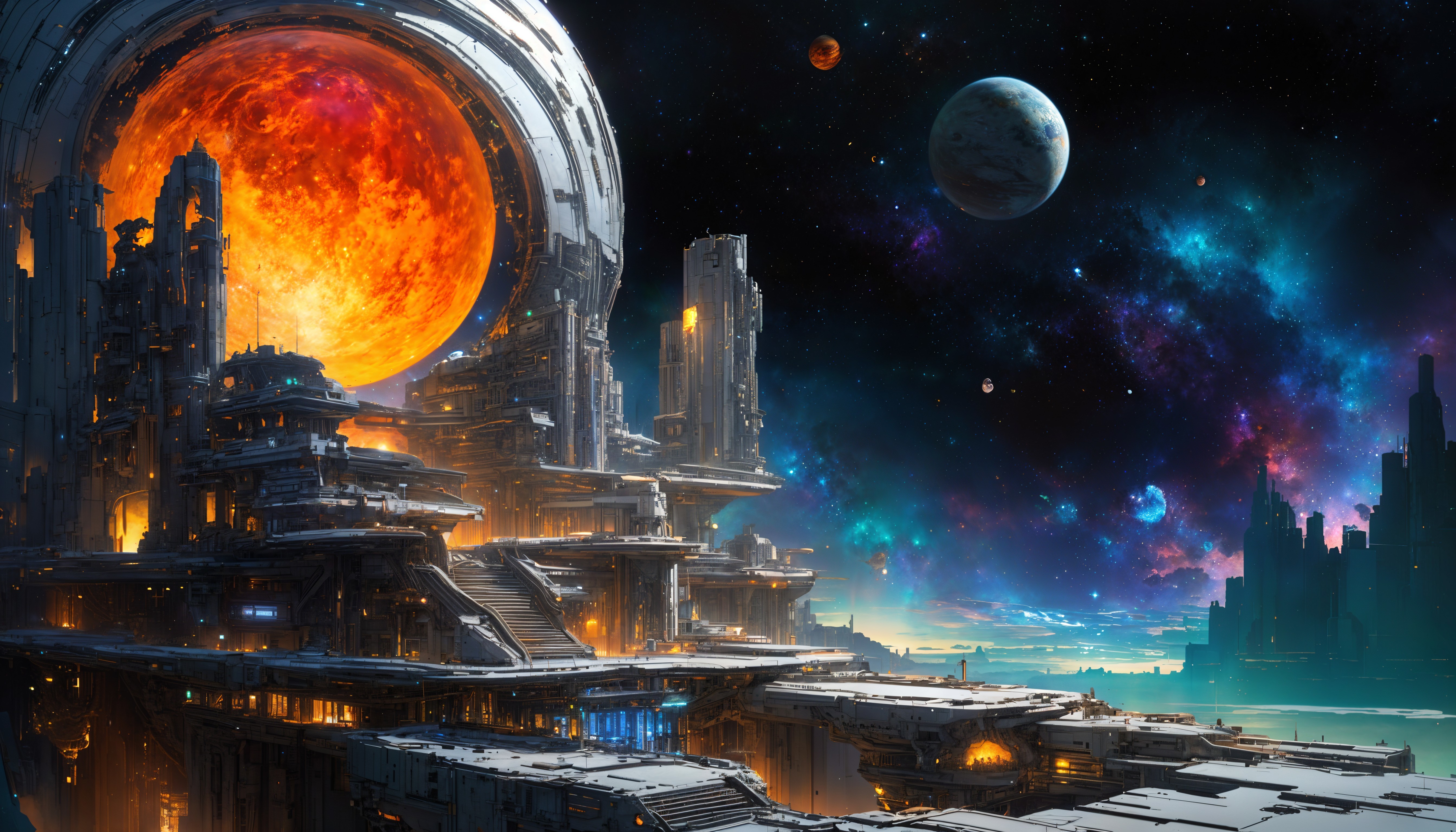 Futuristic Cityscape Under a Glowing Orange Sun