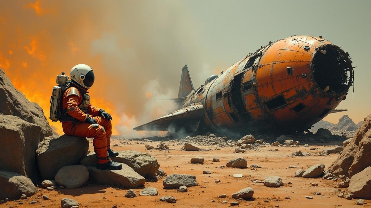 Astronaut Observing Wreckage on Martian Landscape