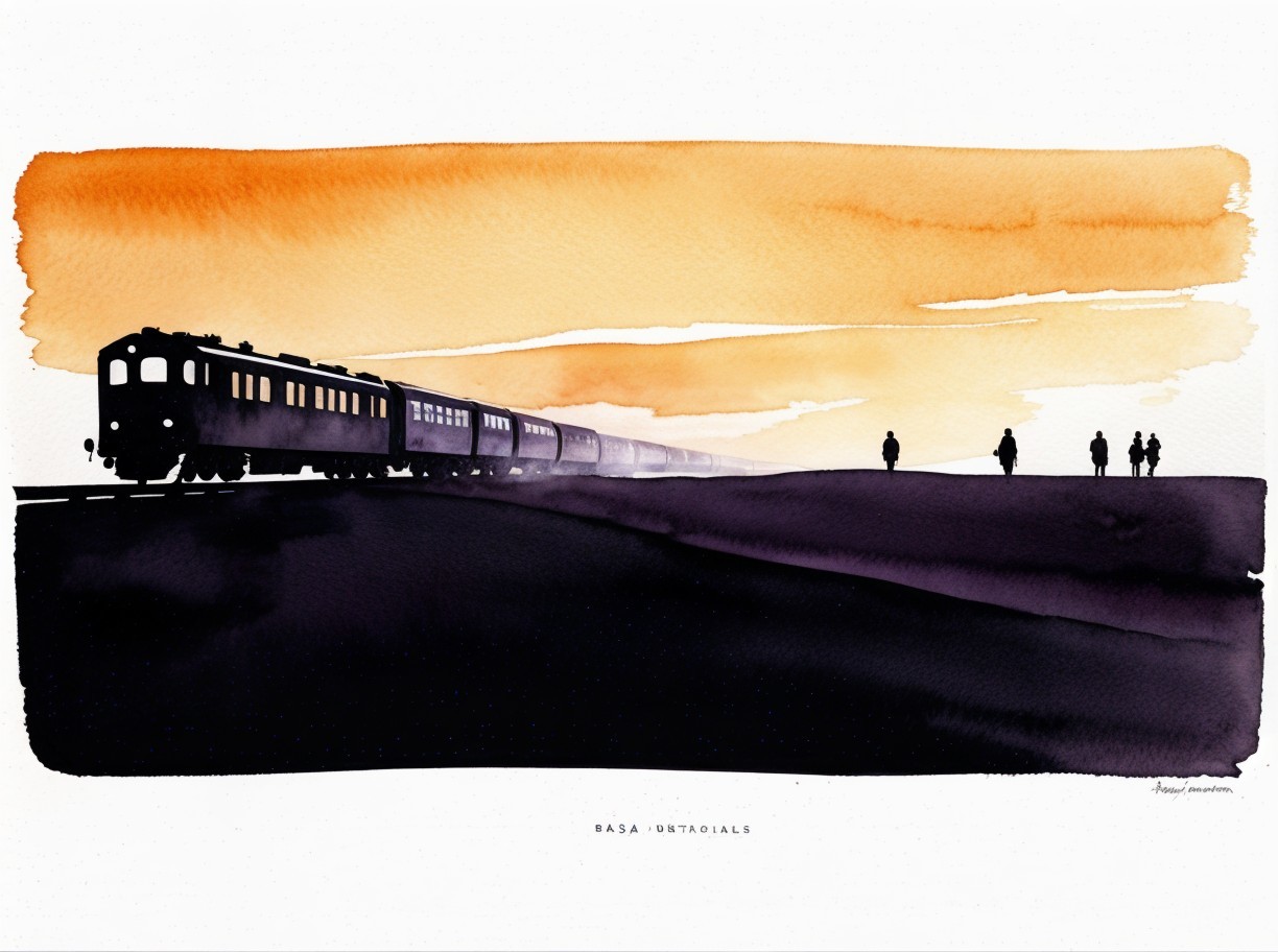 Watercolor Painting of Train Silhouette at Sunset