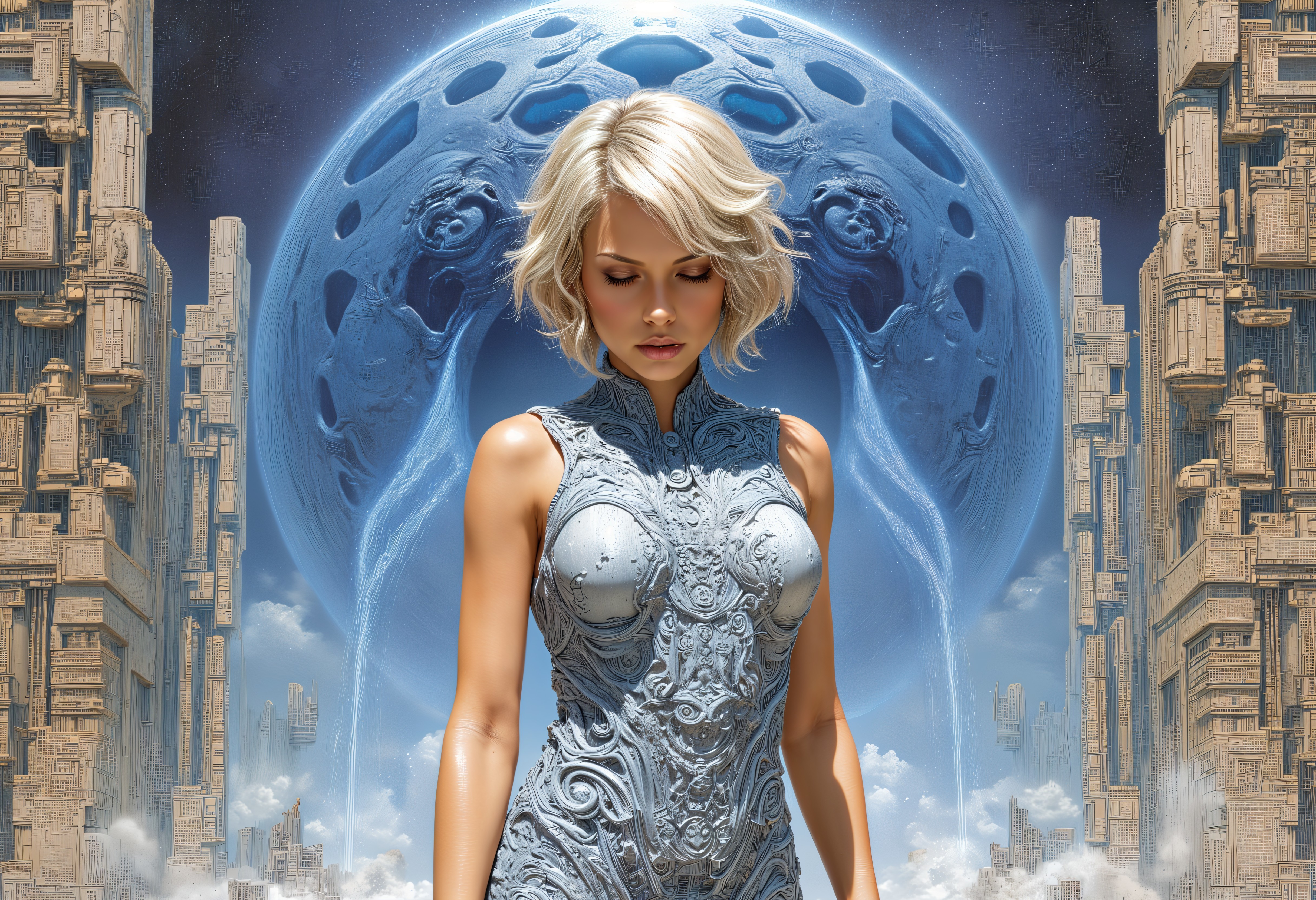 Futuristic Scene with Woman in Intricate Bodysuit