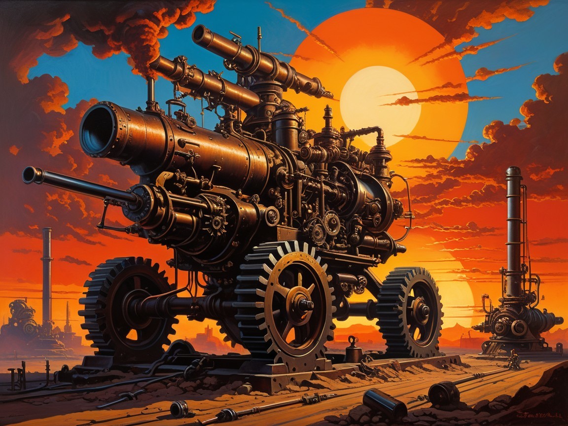 Steam-Powered Machine Against Sunset Sky