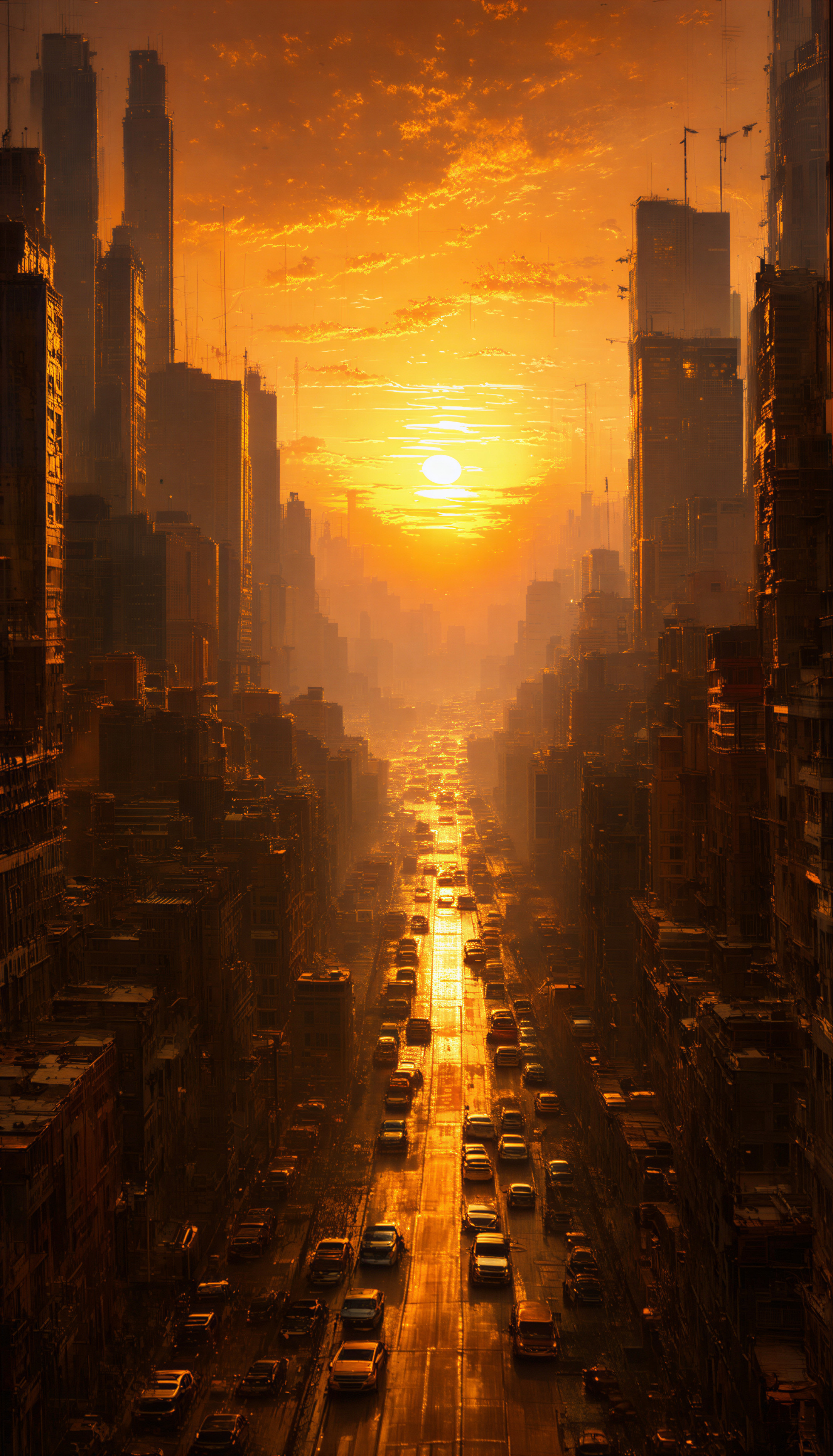 Urban Landscape at Sunset with Skyscrapers and Traffic
