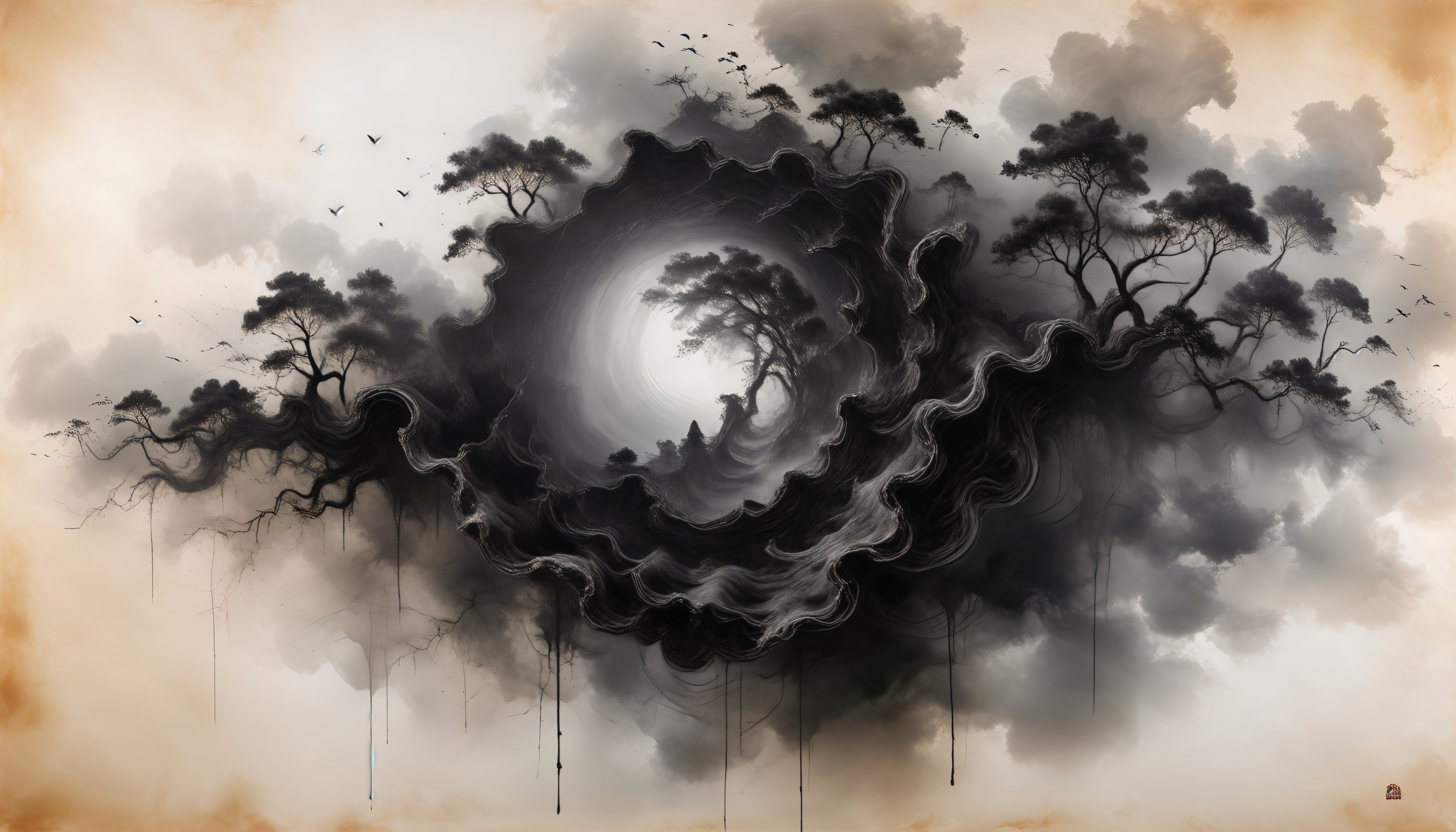 Swirling Vortex of Clouds with Silhouetted Trees