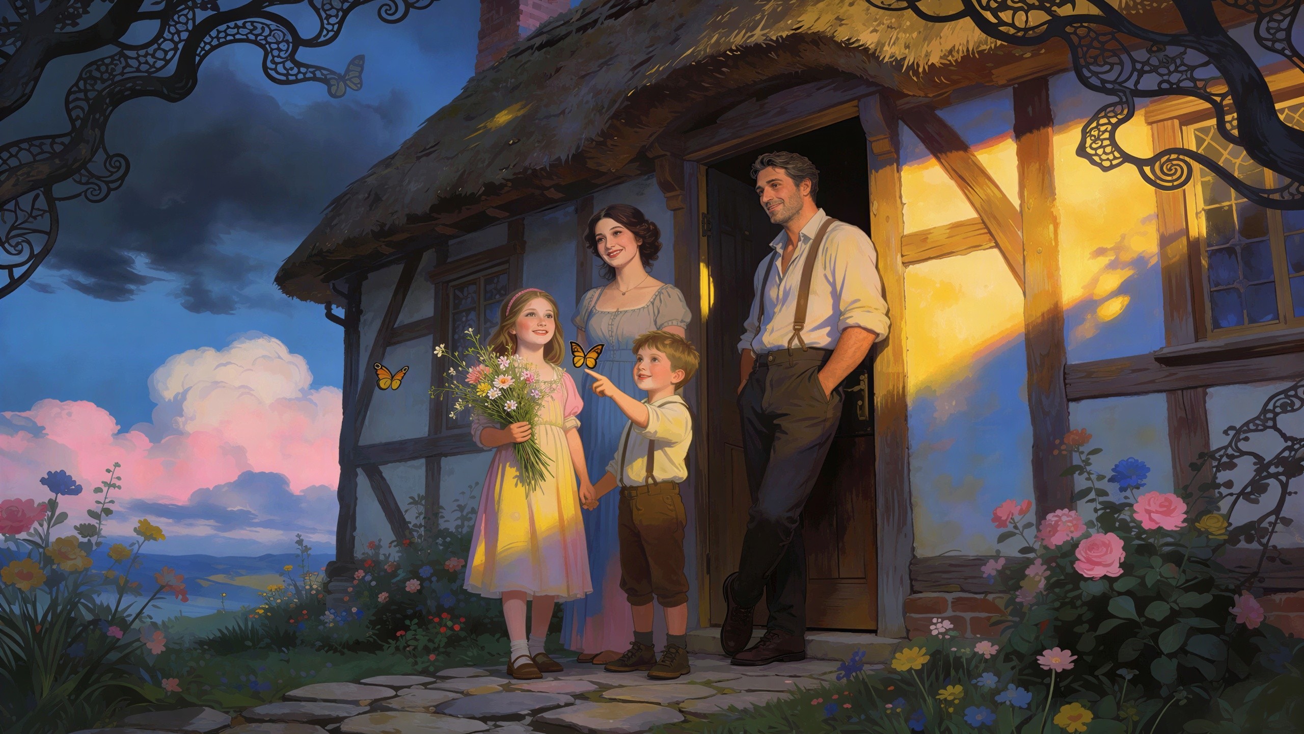 Family of Four by Rustic Cottage at Twilight