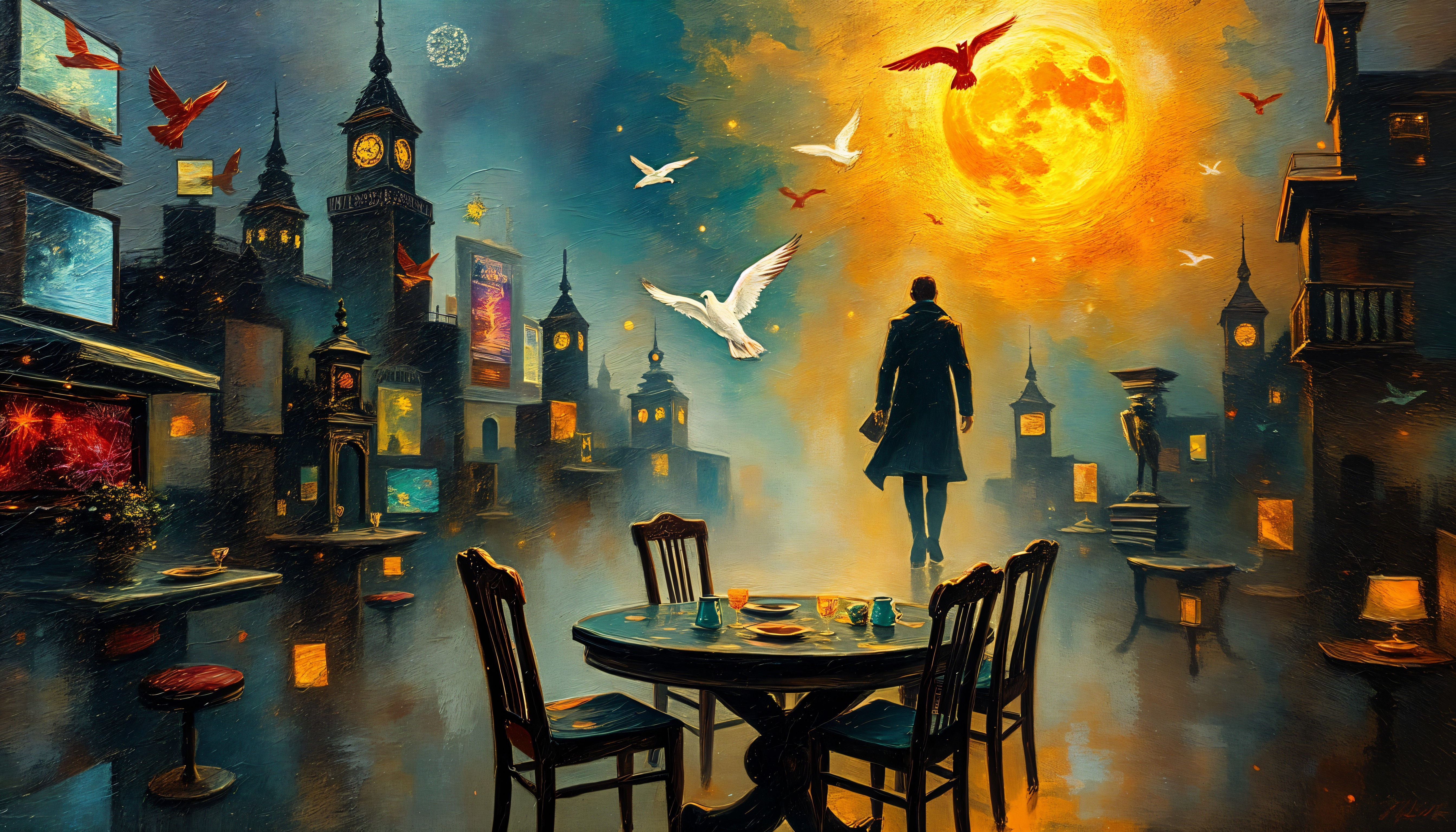 Surreal Cityscape with Moon and Floating Figure