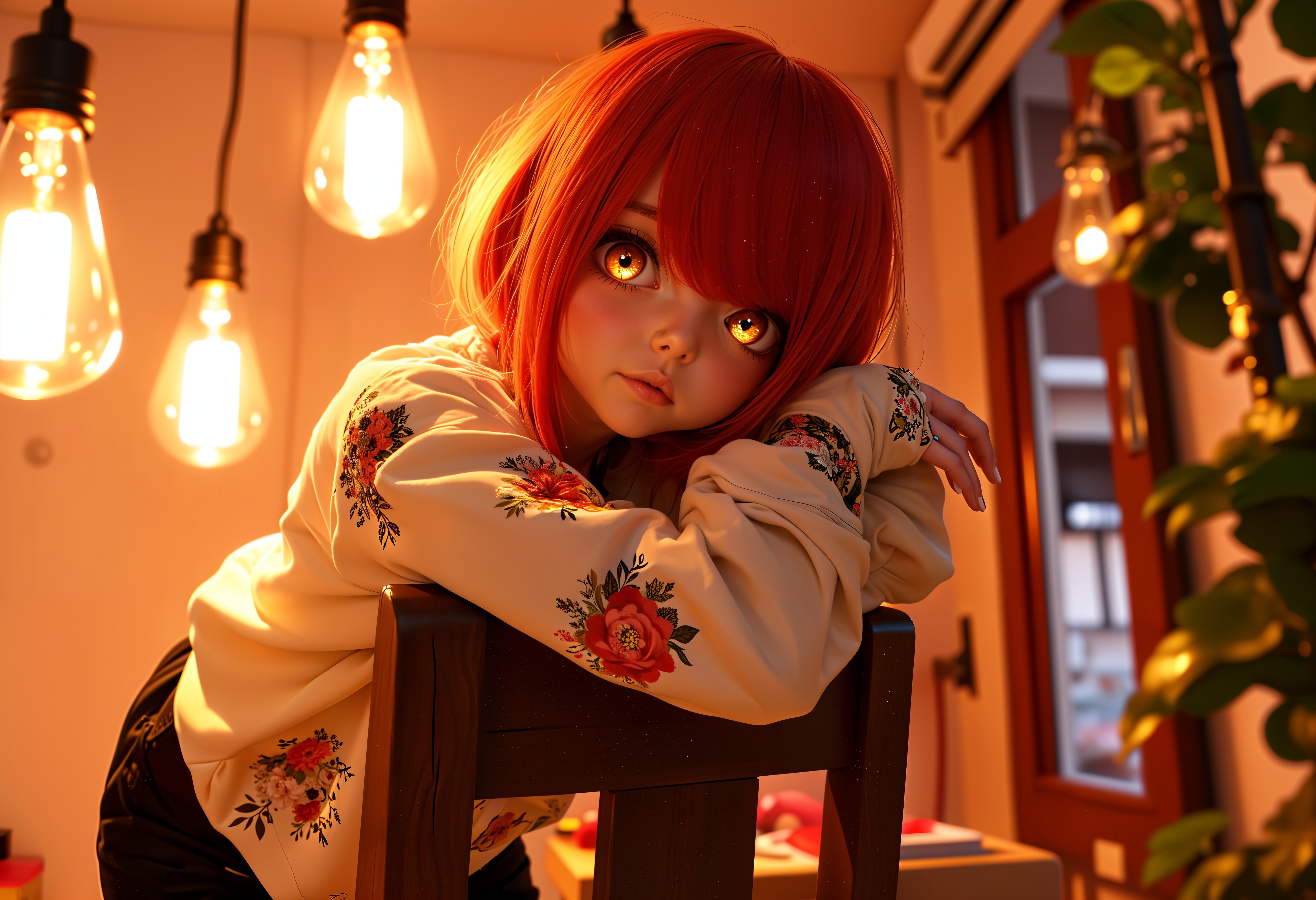 Young character with red hair in cozy setting
