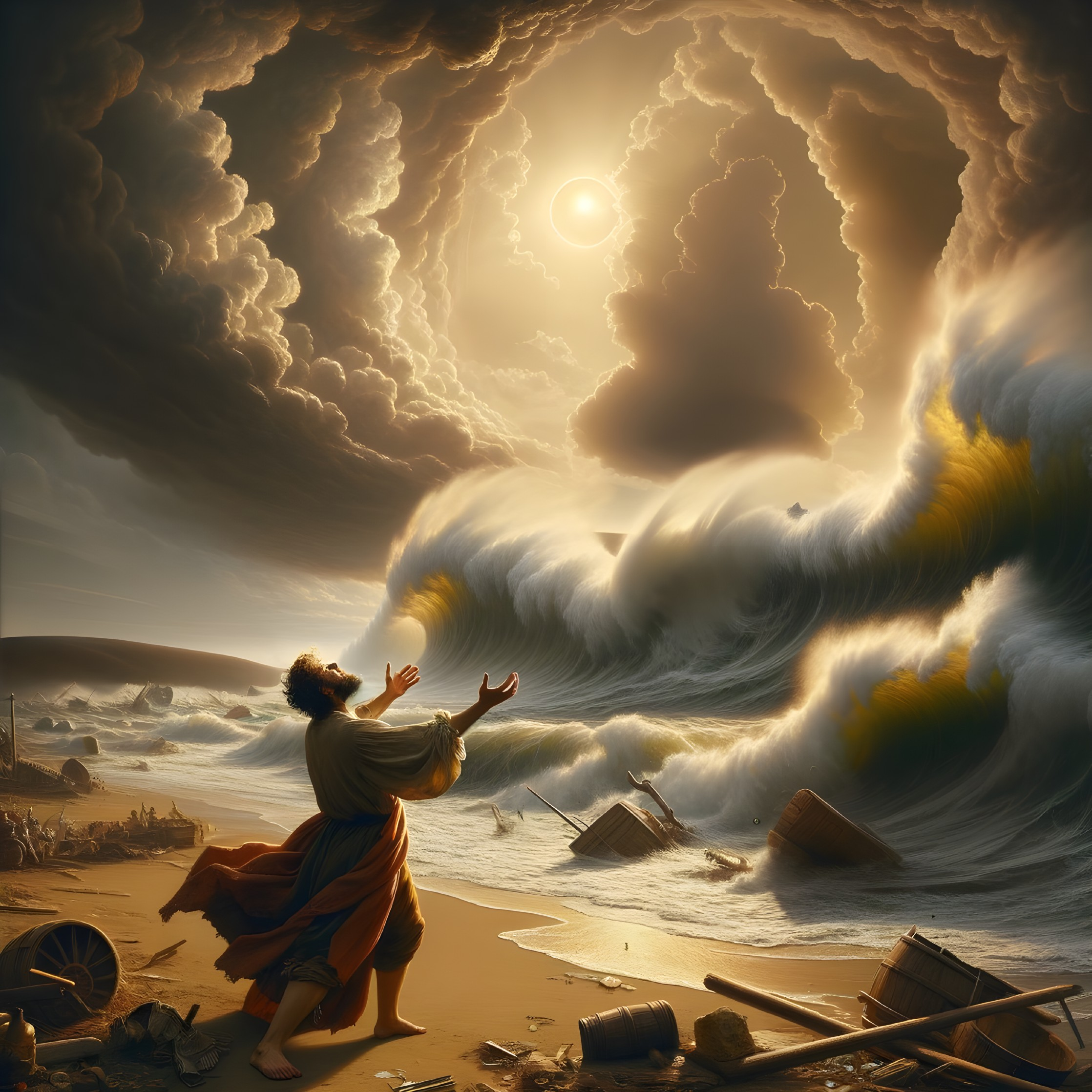 Man in ancient attire on stormy beach with shipwrecks